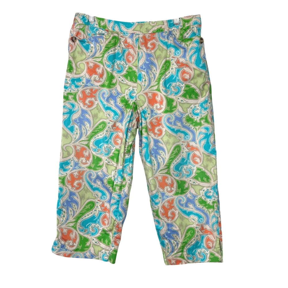 Talbots Petites Paisley Crop Pants Green Blue Orange Cotton Stretch Size 16P
